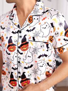 Halloween Element Print Faux Silk Men Pajama Set - White - View 8