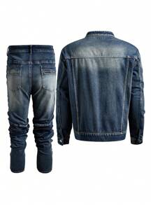 Manfinity Roughcore Plus Size Men Navy Zip-Up Denim Long Sleeve Shirt And Ruched Pocketed Denim Pants Motorcycle Suit - Dark Wash - View 2