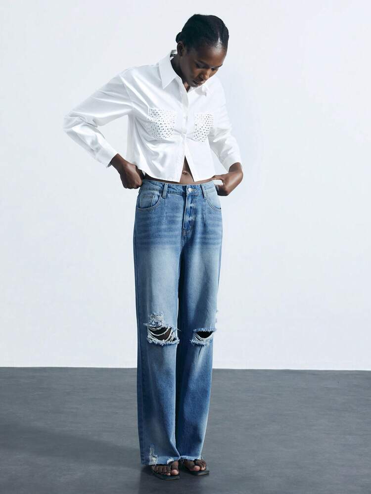 SHEIN Maija Women's Spring/Summer Rhinestone Decor Stylish Urban Fashion Turndown Collar Front Open Long Sleeve Short Fashionable Blouse, Music Festival Women Party Top Beach Summer Holiday Beach Vacation Summer Going Out Graduation Casual Blouses For Women Casual Blouse For Women Dress Shirt  Y2k White Tops