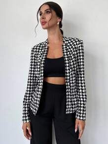 Firerie Women Casual Black & White Houndstooth Patterned Open Front Regular Jacket, Early Autumn