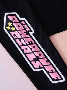THE POWERPUFF GIRLS X SHEIN 少女卡通印花时尚紫色圆领运动衫和黑色字母印花紧身裤套装 - 紫丁香色 - 查看 4