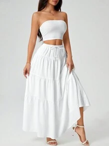 SHEIN PETITE 女士白色针织上衣+编织长裙两件套