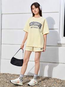 SHEIN Teenage Girls' Knitted Solid Color Drop Shoulder Short Sleeve T-Shirt With Letter Print And Shorts With Slanted Pockets Casual Outfits - Apricot - View 6