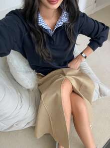 Dazy-Less 女士休闲格子拼接长袖卫衣，复古风格长袖上衣，秋季商务休闲女装 - 藏蓝色 - 查看 16