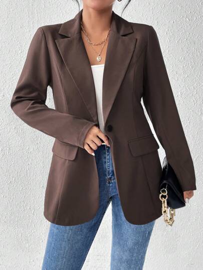 SHEIN PETITE Blazer de solapa de unicolor estilo francés