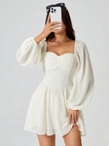 SHEIN PETITE 秋季春假连衣裙带袖甜心领灯笼袖褶皱胸围连衣裙 - 白色 - 查看 7