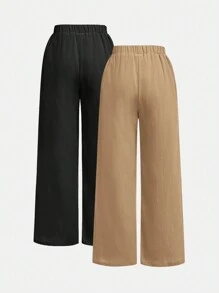 2pcs Loose Elegant Simple Comfortable Solid Color High-Waisted Wide Leg Pants For Tween Girls