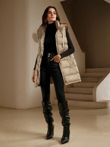 Anewsta Women Sleeveless Button Design Fashion Removable Hooded Side Slit Apricot Vest - Brown - View 1