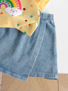Elladie kids Young Girl 2pcs Back To School Casual Cute Round Neck Polka Dot & Rainbow Print T-Shirt And Solid Color Denim Skirt Shorts Set, Summer Summer Holiday - Yellow - View 4