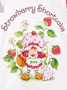Strawberry Shortcake X SHEIN Bộ đồ bé gái dễ thương gồm áo tay ngắn in hình dâu tây hoạt hình và quần ống loe màu hồng, thanh lịch và ngọt ngào, thoải mái, thích hợp cho mặc thường ngày, đi nghỉ mát và dã ngoại. - Hồng - Xem 4