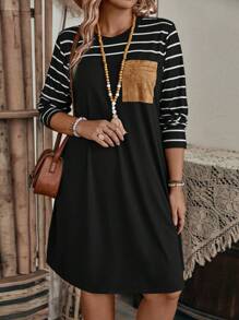 EMERY ROSE Vestido casual de manga larga con diseño de parches a rayas para tallas grandes - Negro - Ver 3