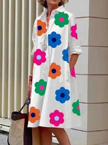 SHEIN LUNE Women Casual Flat Lay Bright Color White Bottom Printed Flower Dress - White - View 1