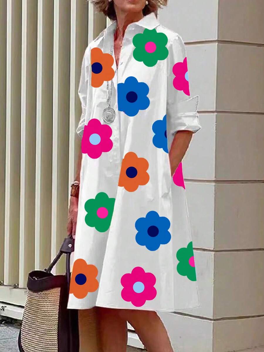 SHEIN LUNE Women Casual Flat Lay Bright Color White Bottom Printed Flower Dress - White - View 1