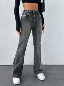 RueChic 98%纯棉休闲高腰修身喇叭牛仔裤 - 灰色 - 查看 4