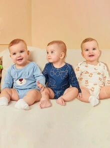 SHEIN 3件套男婴休闲可爱熊耳图案平底连体衣，秋季款