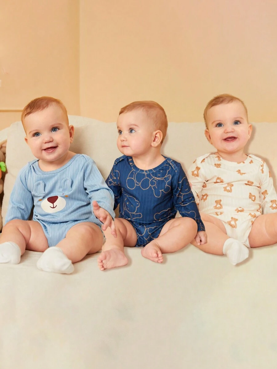 SHEIN 3件套男婴休闲可爱熊耳图案平底连体衣，秋季款