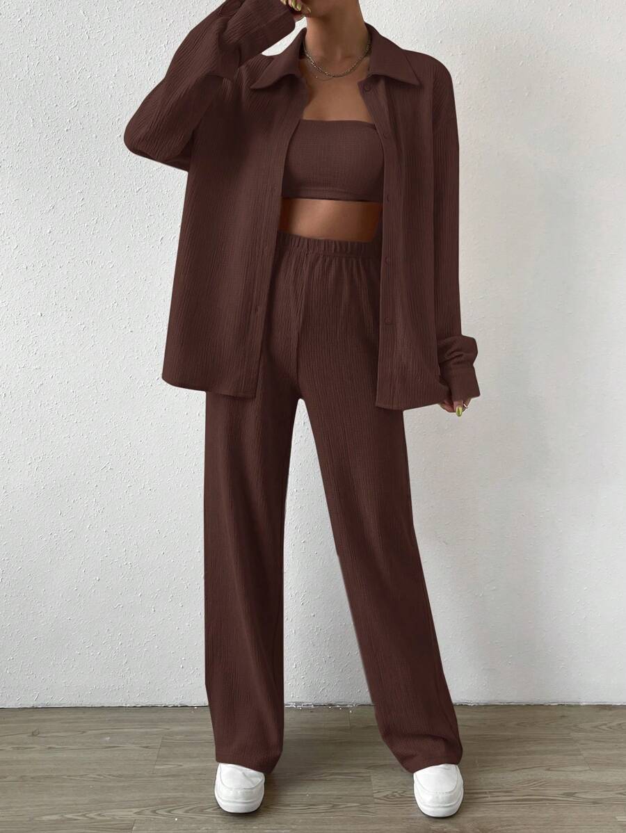 SHEIN EZwear 3 món Nữ Xuân & Hè Chắc Chắn Rớt Vai Áo Sơ Mi Tay Dài, Crop Yếm Áo & Quần Bộ 3 món - Màu nâu Sô-cô-la - Xem 1