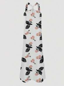 SHEIN Clasi 休閒印花露背連身裙，深V領吊帶設計側開叉無袖夏季裙裝