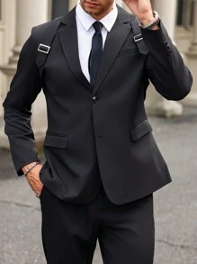 Manfinity Mode 男士纯色简约日常长袖西装外套 - 黑色 - 查看 4