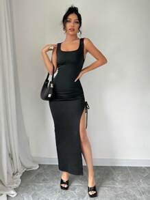 Chiquease Women's Summer Side Drawstring High Slit Knit Bodycon Dress Maxi Women Outfit - Black - View 6