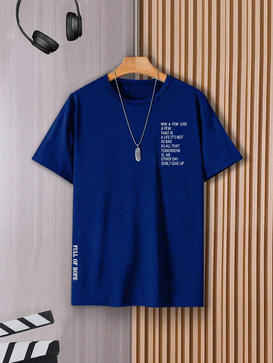 Teen Boy Round Neck Letter Printed Short Sleeve T-Shirt For Summer - Royal Blue - View 1