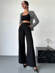 Firerie Women Casual Black & White Houndstooth Patterned Open Front Regular Jacket, Early Autumn