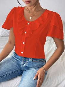 Chiquease Women's Solid Color Front Button Ruffle Trim Casual Short Sleeve Blouse - Orange - View 3