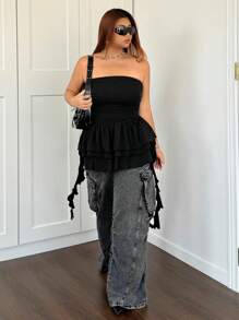 SHEIN ICON Plus Size Off-The-Shoulder Cake Jellyfish Hem Solid Color Sleeveless Top - Black - View 3