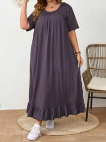 Mulvari Großgrößenkleid mit Rundhalsausschnitt, kurzen Ärmeln, Raffungen und lässigem, elegantem Stil, Maxikleid für Damen - Grauviolett - Übersicht 6