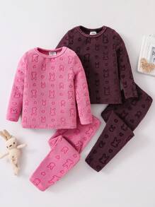 2pcs Baby Girls' Minimalist Rabbit Pattern Comfy Warm Home Pajama Outfit Set, Solid Coffee & Pink - Multicolor - View 5