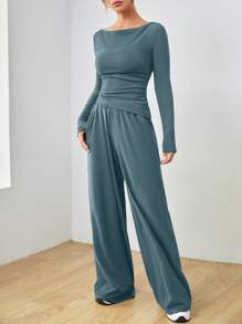 SHEIN EZwear 蓝绿色针织修身女士套装 - 青碧色 - 查看 5