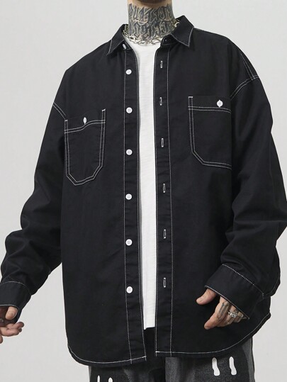 GALLERY FADE Camisa holgada de hombre de denim negro lavado con detalles en contraste, estilo holgado y caída de hombros