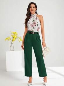 SHEIN Clasi Women's Solid Color Tapered Casual Office Pants In Fall/Winter - Dark Green - View 10