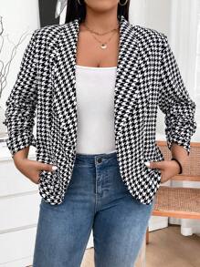 SHEIN LUNE Große Größen Herbstbekleidung Damen Frühling Herbst Hahnentrittmuster gerüschter 3/4 Ärmel eleganter Blazer Herbst Oberteile & Herbst Damenbekleidung Winterbekleidung Business Lässig Arbeits Blazer Business Blazer