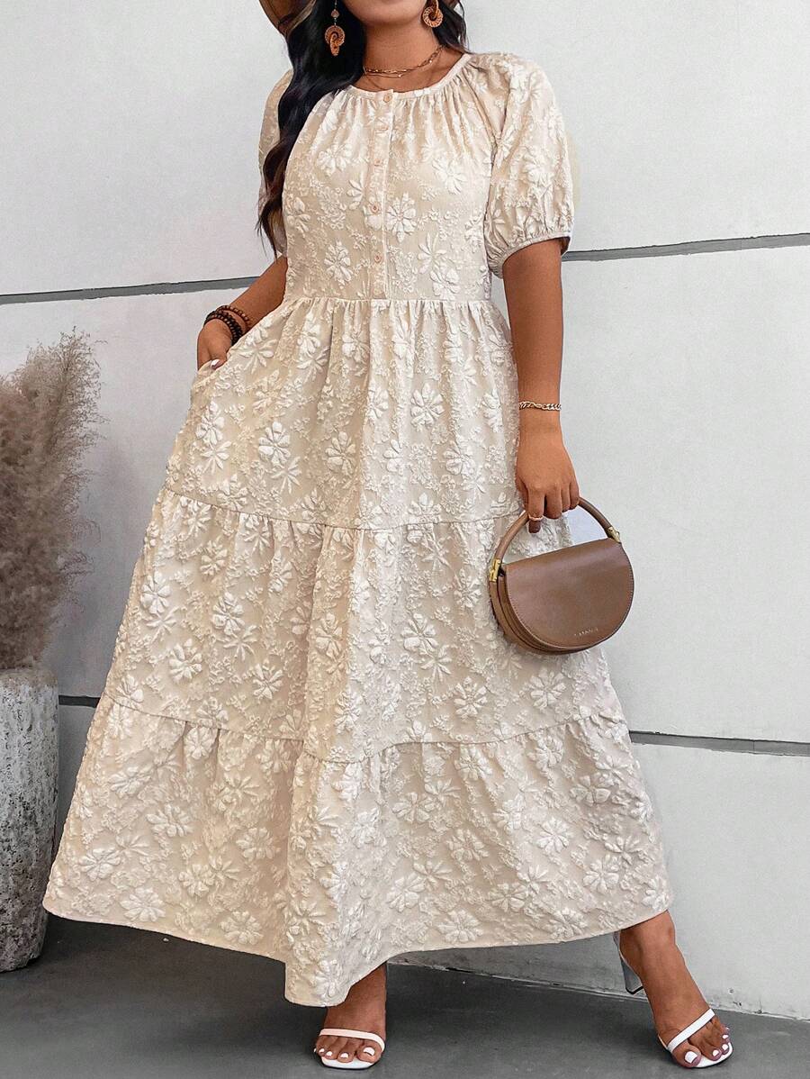 SHEIN VCAY Vestido de otoño de talla grande con cuello redondo, bajo con volante, mangas abultadas, textura floral y diseño de patchwork - Albaricoque - Ver 1