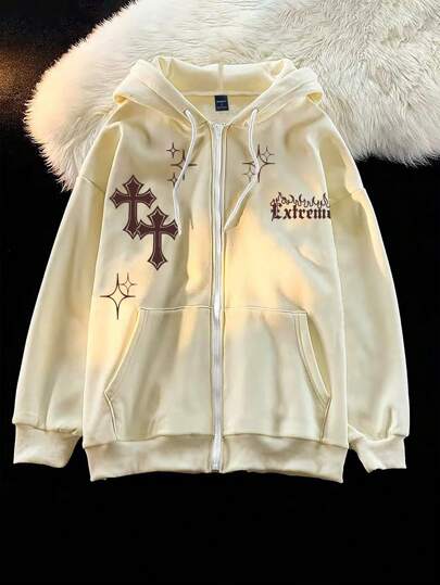 Claim Dot 男士宽松中国龙与字母图案拉链抽绳连帽卫衣，拉链长袖连帽衫，适合送给朋友、丈夫、男朋友的礼物，Emo 风格，2000 年代风格，适合秋季