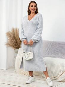 SHEIN Essnce Robe mi-longue ample et confortable en tissu brossé, col V, manches longues, gris, pour femmes. Vêtements d'automne pour femmes, tenues pour l'aéroport, "Old Money", bal de promo, pour femmes rondes - Gris - Voir 4