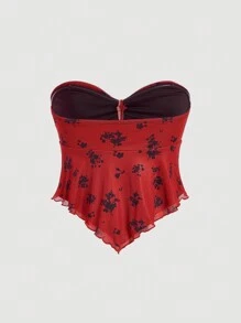 SHEIN MOD Blusa bohemia de mujer con estampado floral, parte delantera anudada y estilo vintage - Rojo y negro - Ver 2