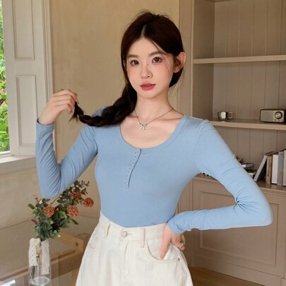 여성용 단색 크루넥 긴팔 캐주얼 티셔츠, 봄 & 여름 가을 상의