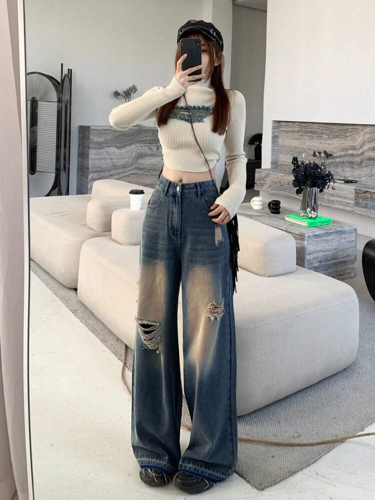 Women's Front Button Pocket Distressed Wide Leg Jeans, Casual Everyday Wear