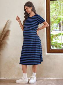 SHEIN 孕妇海军蓝花卉印花宽松哺乳连衣裙，适合孕妇，春季 - 藏蓝色 - 查看 6