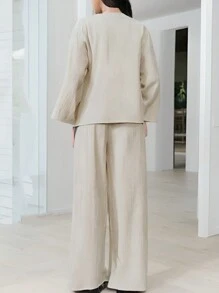 Firerie 2 chiếc nữ tối giản giản dị sành điệu đi nghỉ có dây buộc phía trước Áo rộng & Bộ quần ống rộng co giãn lưng cao - Màu be - Xem 2