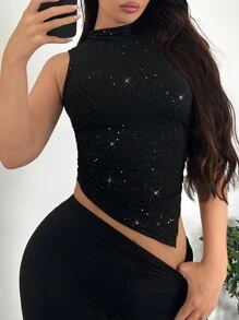 SHEIN SXY Sexy & elegantes dehnbares Strick Top für Damen mit asymmetrischem Saum und Glitzer