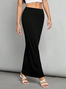 SHEIN Tall Women's Solid Color Casual Knitted High Waist Skirt