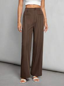 SHEIN Tall Solid Color Women's Wide Leg Straight Pants - Brown - View 2