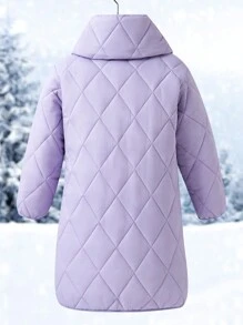 Abrigo acolchado de ajuste holgado de longitud media con patrón de rombos para niñas preadolescentes, con un adorable bufanda floral