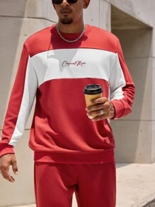 Manfinity Homme 2 件套男士大码春秋撞色字母印花圆领运动衫和裤子休闲套装