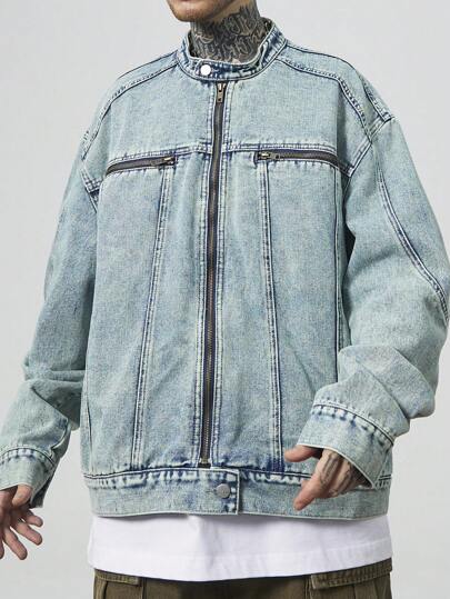 Manfinity EMRG جاكيت دراجة نارية مغسولة باهتة زرقاء فاتحة للرجال طراز رياضي عصري فينتاج Y2K