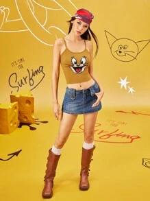 TOM & JERRY X SHEIN Women's Fall Cartoon Pattern Slim Fitted Yellow Y2k Crop Cami Knit Top