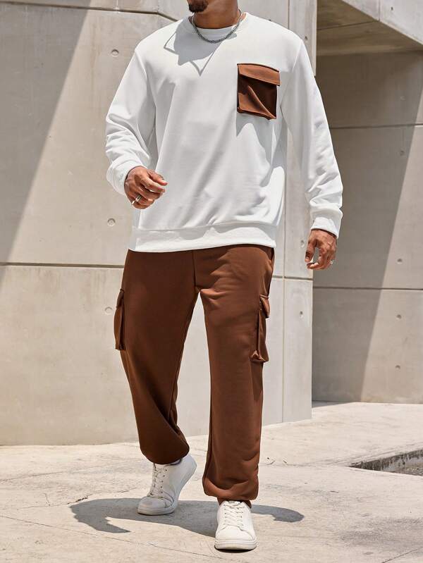 Manfinity Homme 2pcs Men's Plus Size Colorblock Round Neck Sweatshirt And Solid Color Pants Fall Outfits Set